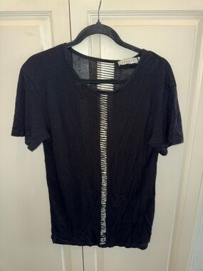 Sandro Black Ribbed Tee with Subtle Distressing